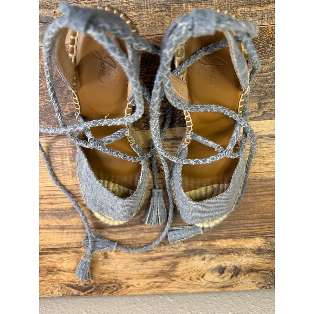 Joie Women's 7.5 Boho Coastal Denim Strappy Rope Tasseled Espadrille Wedges